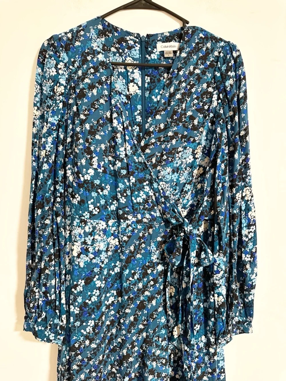 Calvin Klein Blue Floral Faux Wrap Midi Dress Long Sleeve Size 4 - Picture 2 of 7